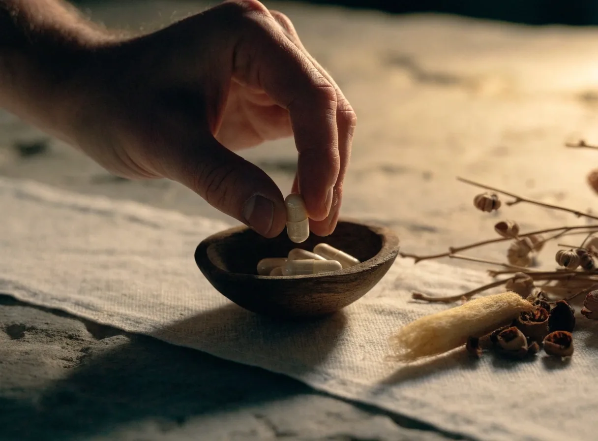 A shallow matte ceramic dish with a single unbranded capsule on a linen runner, dried seeds and a root piece arranged loosely around it