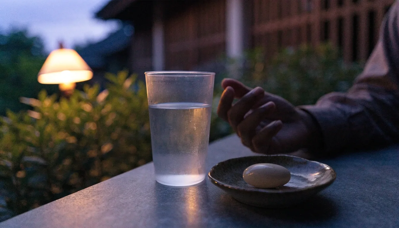 A dusk-lit stone table in a Bandung courtyard with a linen napkin, a water tumbler, and a small dish with one capsule
