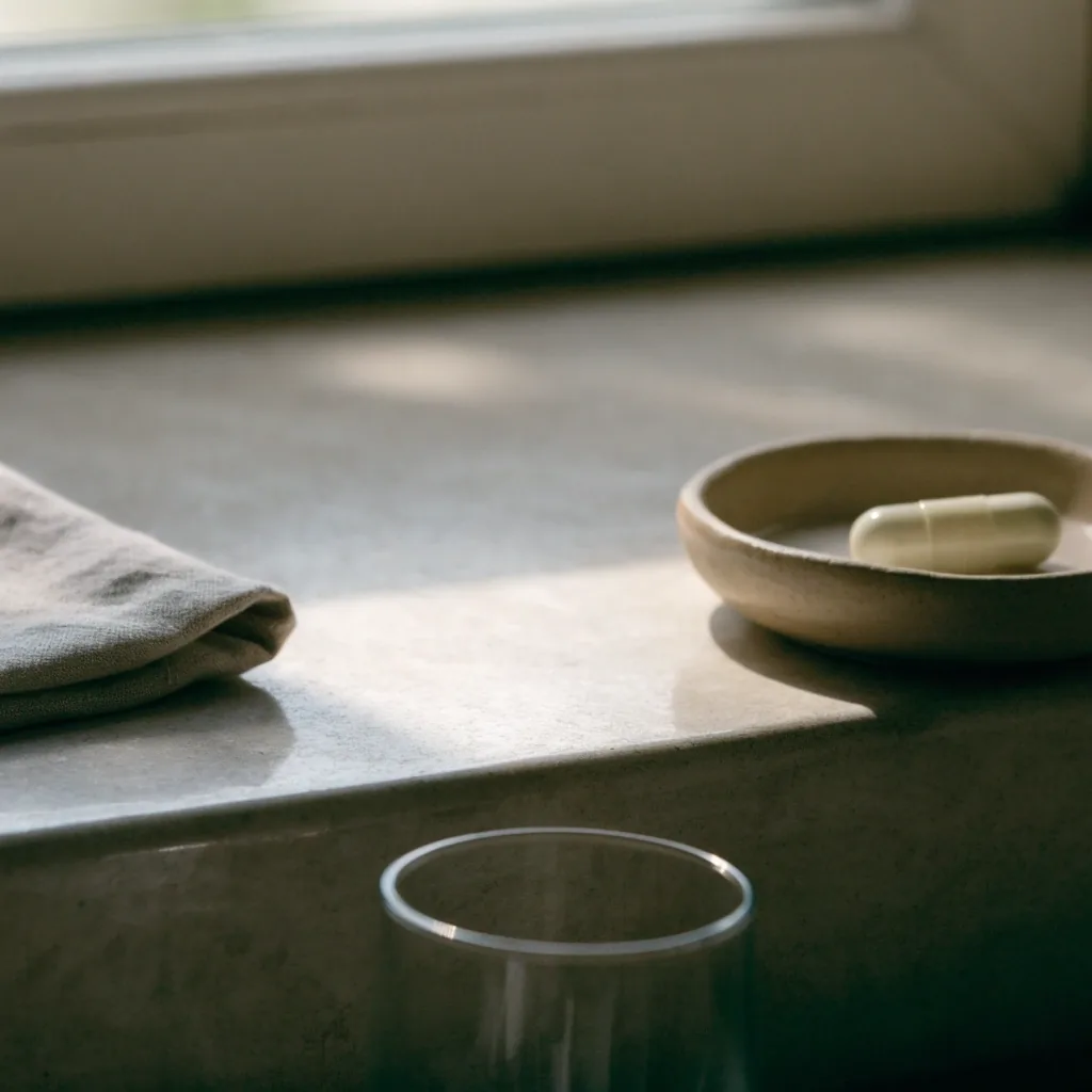 A matte stone sill with a folded linen cloth, a glass tumbler and a shallow ceramic dish holding one capsule in soft morning light