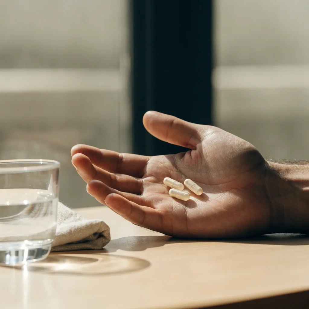 A glass tumbler, folded napkin and small ceramic dish on a linen cloth in soft daylight