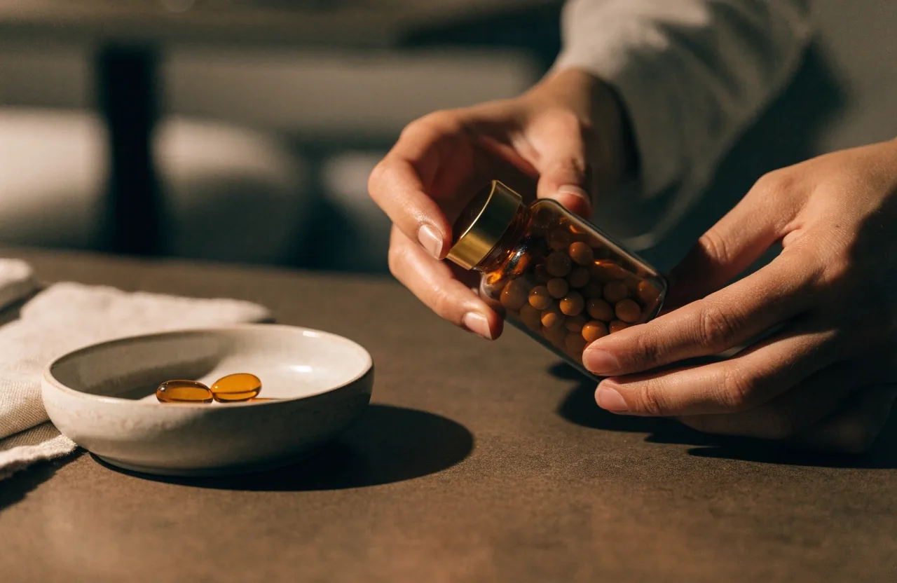 Hands turning a plain amber supplement bottle beside a ceramic dish holding capsules on a stone table