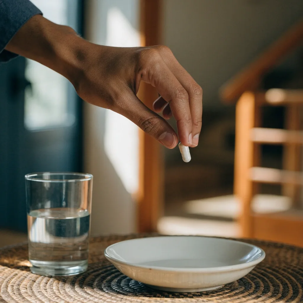 Matte tumbler of water and a ceramic dish holding a capsule on a pale stone sill in left light