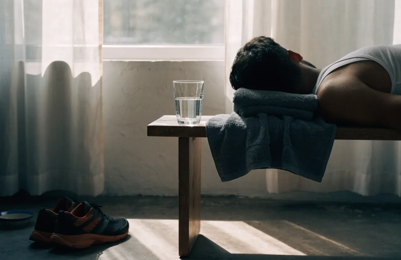 A folded linen shirt, a water glass, and everyday shoes beside a chair in soft morning light