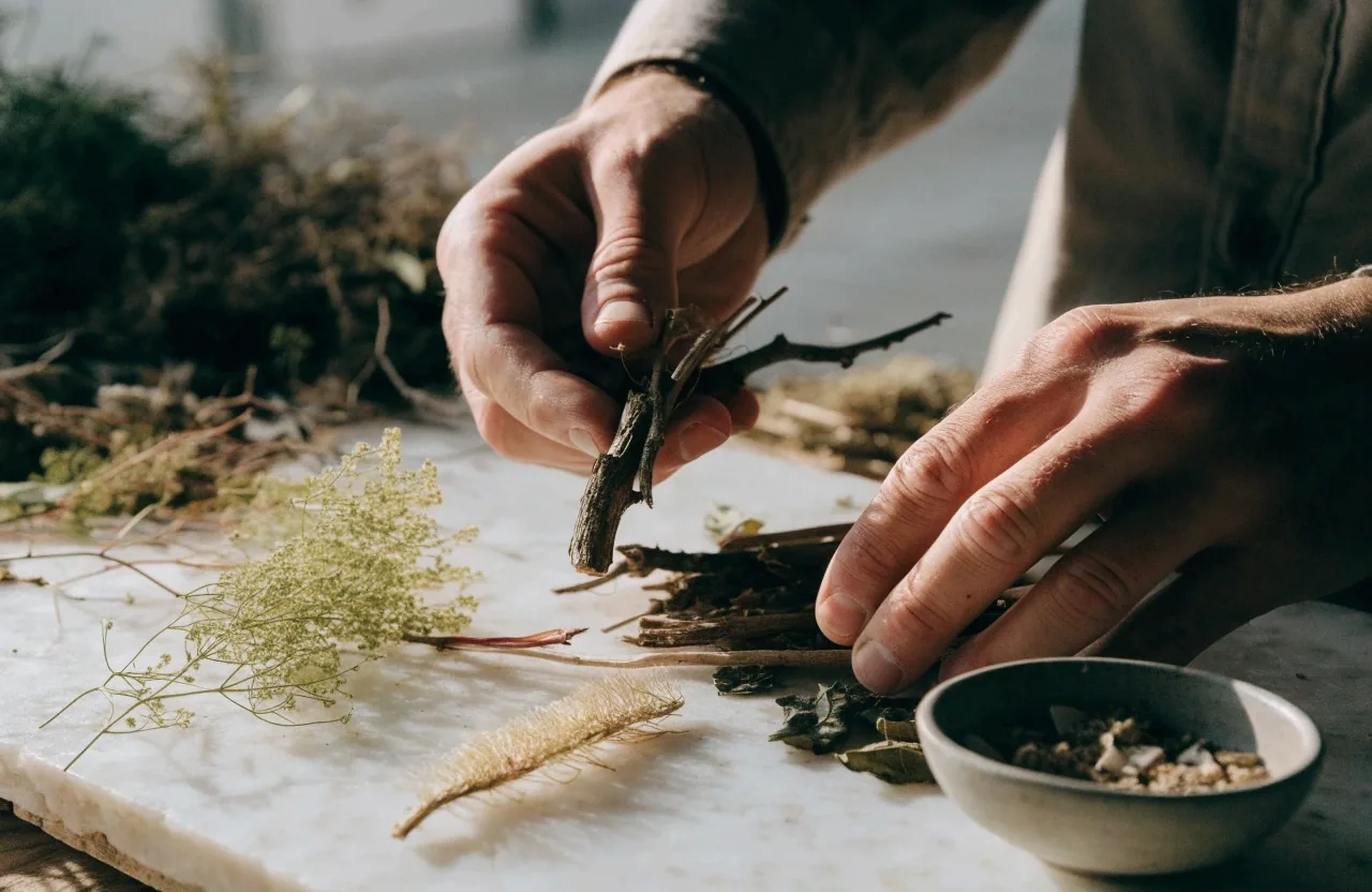 Dried root pieces and whole botanicals laid out on a pale stone slab beside a small matte bowl