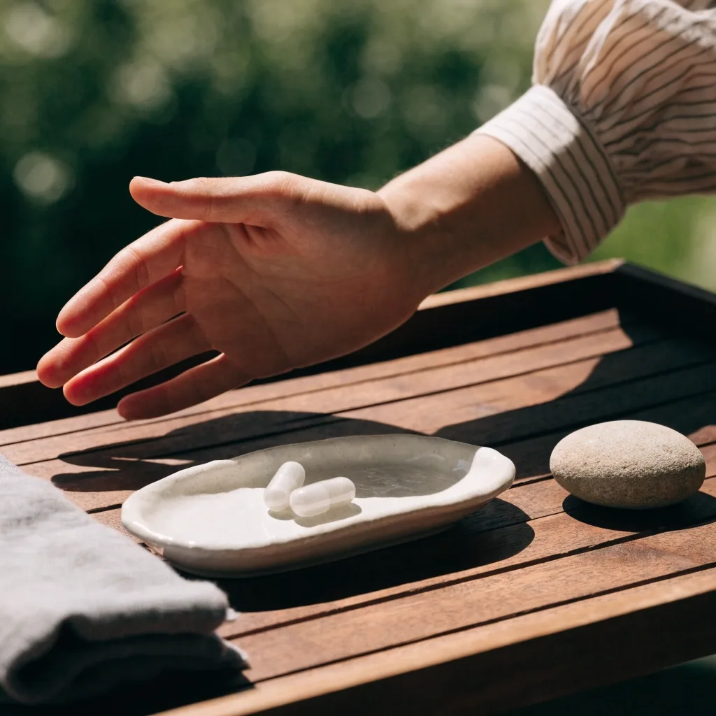 Two unmarked capsules on a matte ceramic dish beside an open hand and a folded linen cloth in warm daylight
