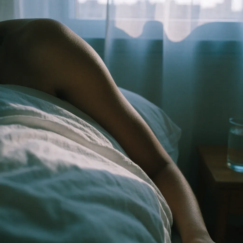 A dim bedroom at dawn with an unmade linen bed and a glass of water on the bedside table