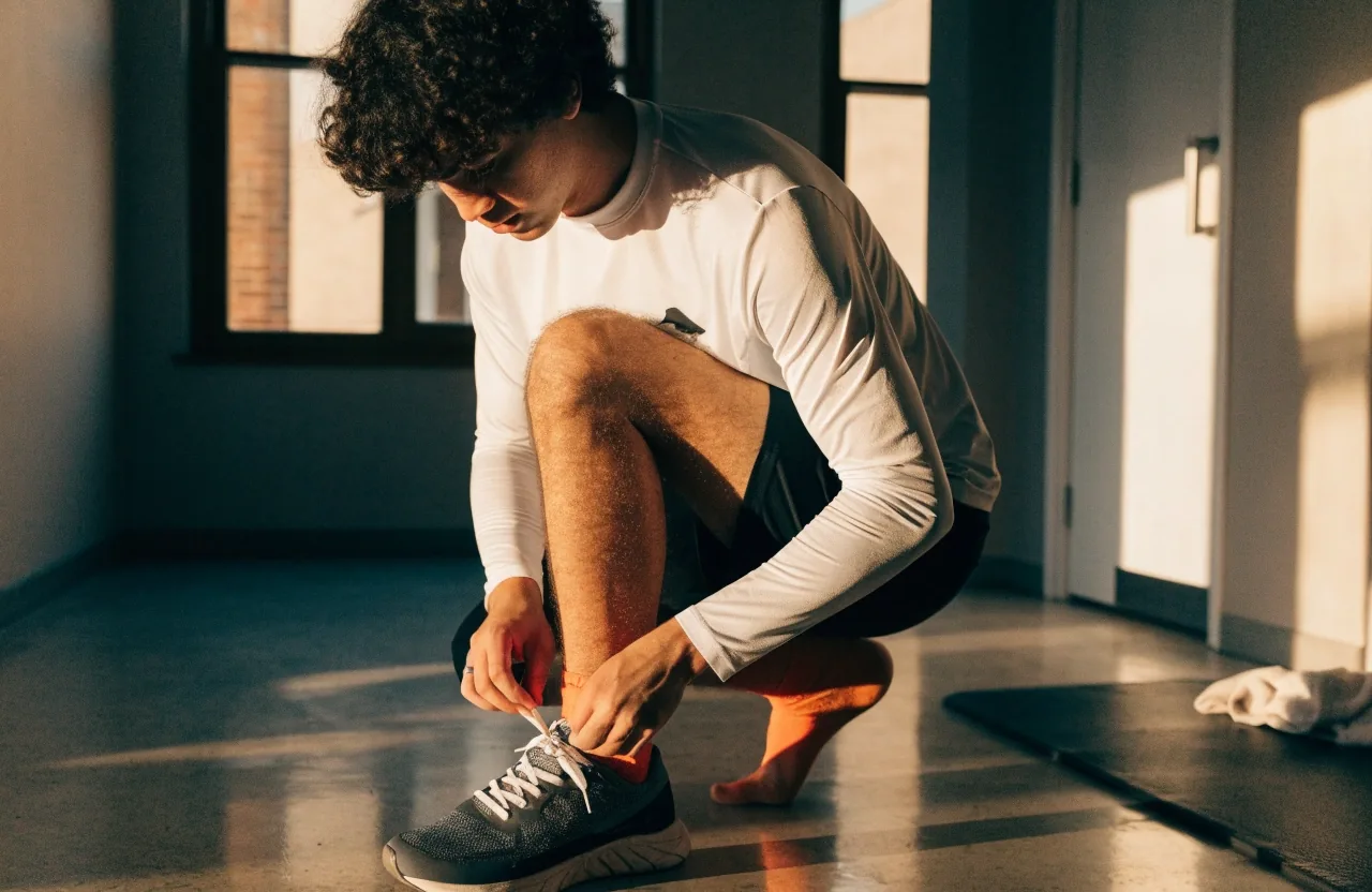 Running shoes and a training mat by an apartment door in warm dawn light
