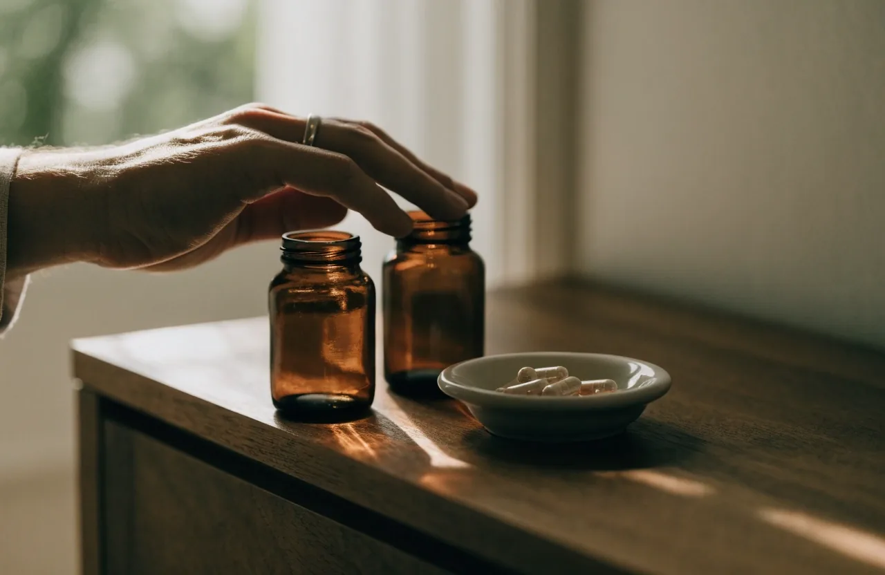 Two unmarked amber supplement bottles on a linen runner with a small ceramic dish holding one capsule