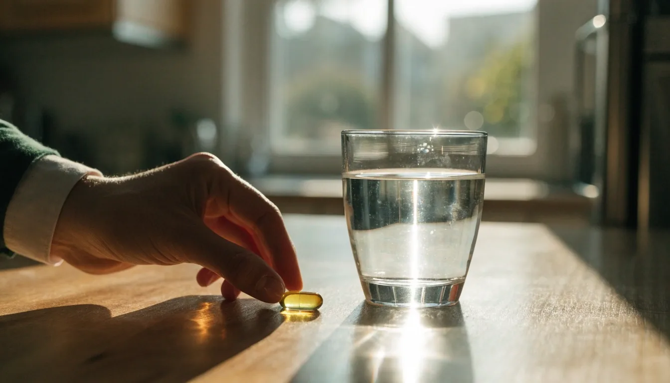 Morning-lit stone sill with a linen napkin, a matte glass tumbler and a shallow ceramic dish holding one capsule