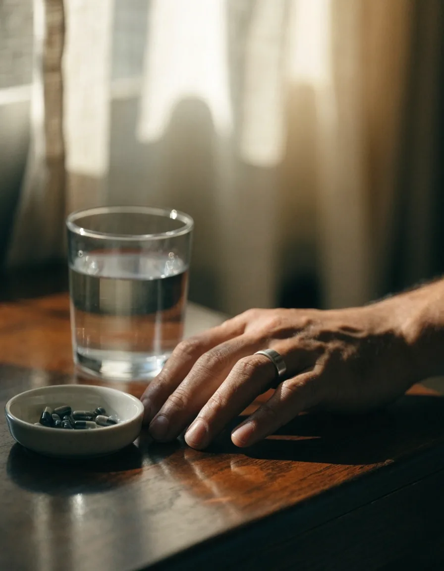 A matte desk corner with a closed laptop, ceramic mug and a small dish holding capsules in morning light