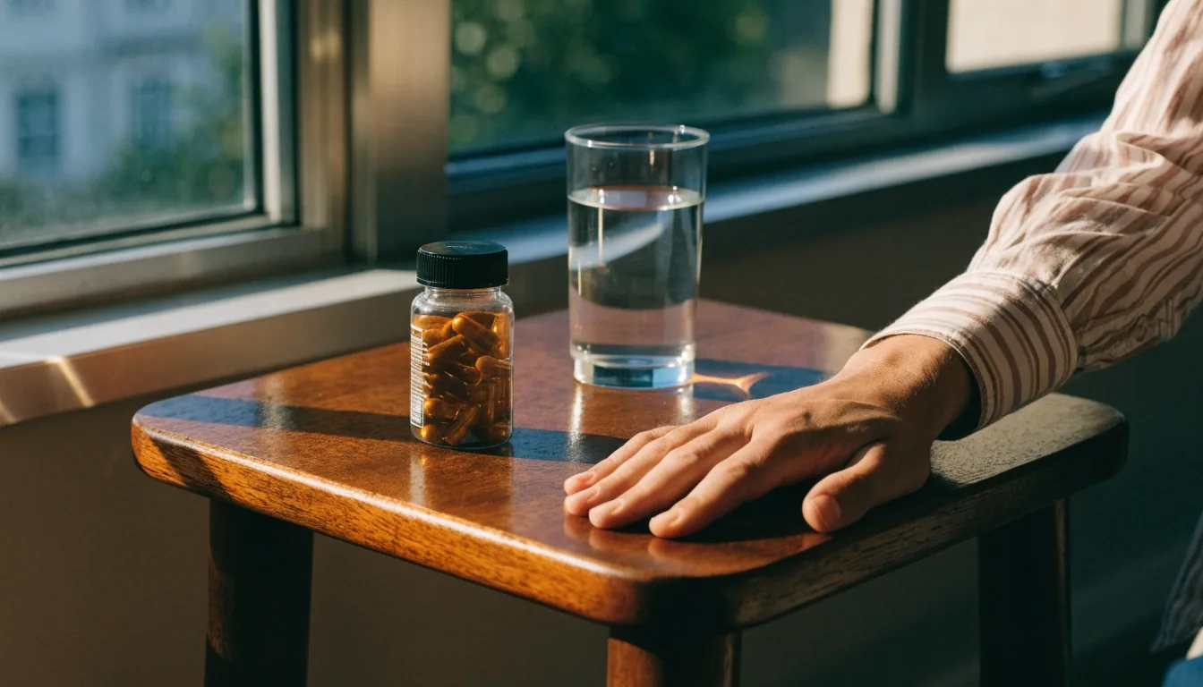 A matte glass tumbler and a shallow ceramic dish with a single capsule on a sunlit stone ledge