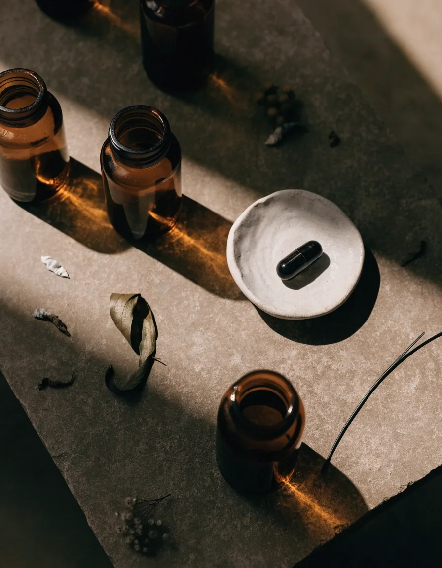Overhead still life of capsules and dried botanicals arranged on matte stone in warm side light
