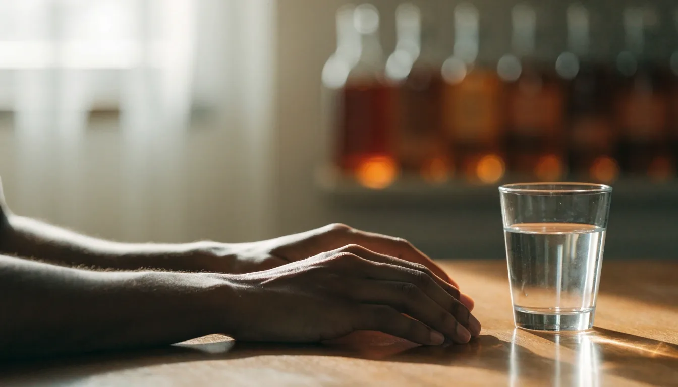 Ruled index lines on a quiet stone desk beside a matte tumbler, warm left-side morning light